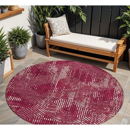 Homeroots 8' Burgundy And Ivory Round Geometric Washable Indoor Outdoor Area Rug 594529