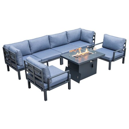 Leisuremod Hamilton 7-Piece Aluminum Patio Conversation Set with Fire Pit Table And Cushions, Charcoal Blue HSFBL-7BU
