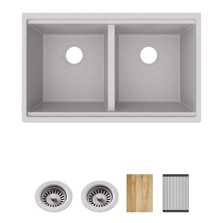 Elkay Quartz Classic 33" x 22" x 9-1/2" Equal Double Bowl Undermount Workstation Sink 4pc Kit Greystone ELGU3322WOGS0