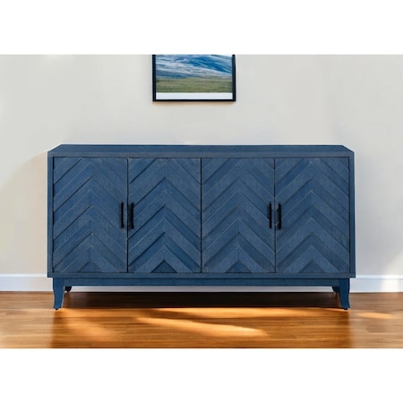 Homeroots 60" Blue Textural Chevron Distressed Wood Sideboard with Four Doors 568406