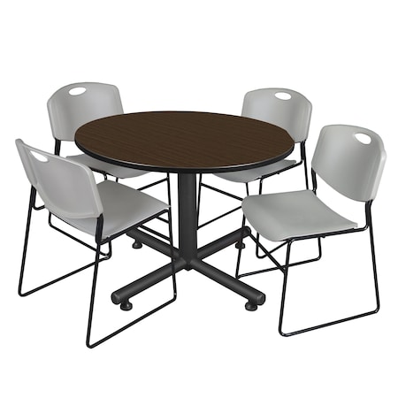 Regency Round Kobe Breakroom Table W/ 4 Zeng Stack Chairs, 48 in W, 48 in L, Neo Walnut TKB48RNDNW44GY