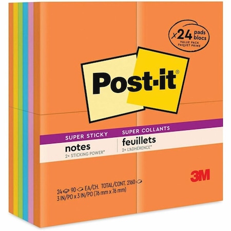Post-It Pads in Energy Boost Collection Colors, 3" x 3", 90 Sheets/Pad, PK24 65424SSAU