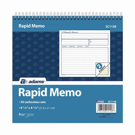 Adams Business Forms Rapid Memo Pad, Two-Part Carbonless, 8.5 x 7.75, 50 Forms Total SC1158