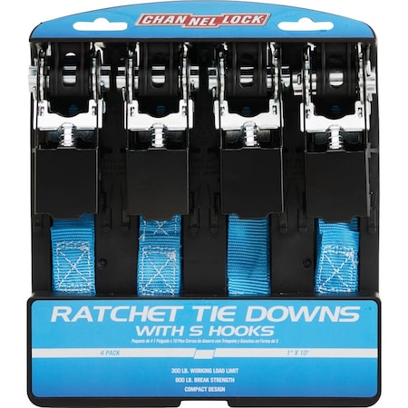 Channellock 1'' x 10 Ft. Ratchet Tie Down With S Hooks, 4PK 594325