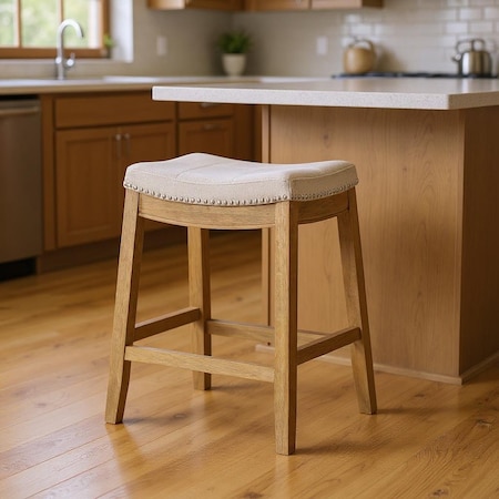 Homeroots 26" Natural Fabric Faux Leather and Solid Wood Backless Counter Height Bar Chair 632490