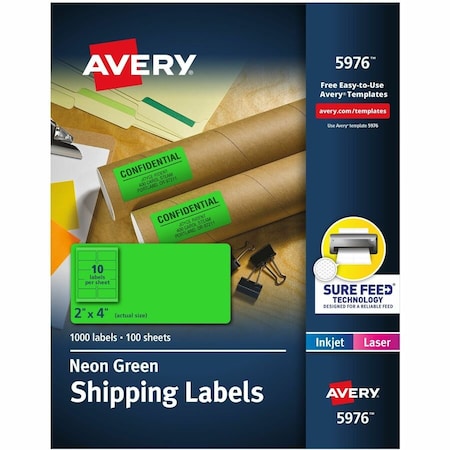 Avery Dennison Avery, HIGH-VISIBILITY PERMANENT LASER ID LABELS, 2 X 4, NEON GREEN, 1000PK 5976