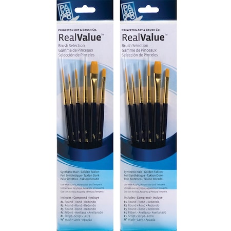 Princeton RealValue Brush Set, Gold Taklon Bristles, Short Handle Mixed Media Paintbrush, 6-Piece Set, 2PK PR9132
