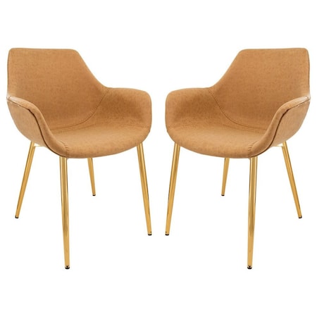 Leisuremod Markley Modern Leather Dining Arm Chair with Gold Metal Legs, Light Brown, 2PK ECG26BR2