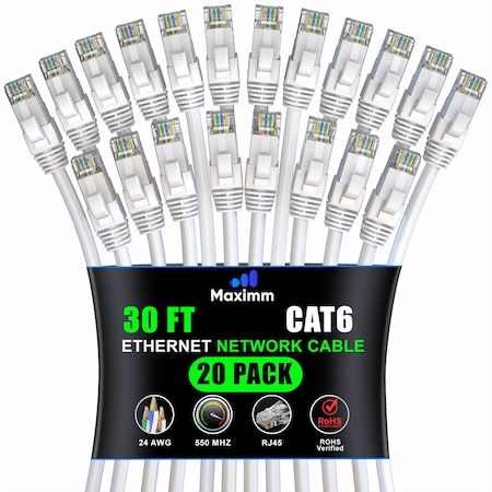 Maximm Cat6 Ethernet Cable 30ft 10Gbps 550MHz UTP, 20PK, White, 20PK CAT6CCA-30WH-20PK