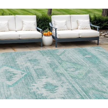 Homeroots 8' X 10' Aqua Turquoise And Ivory Southwestern Washable Indoor Outdoor Area Rug 588687