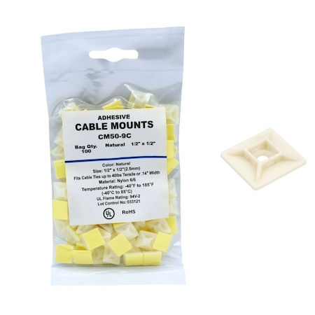 Cable Ties Unlimited Adhesive Cable Tie Mounts, 1/2 in Sq, Nylon 6/6, Natural, 100PK CM50-9C