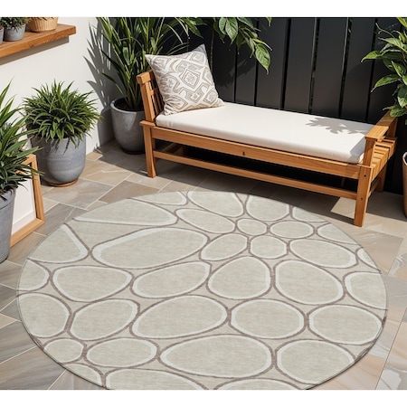 Homeroots 8' Beige And Brown Round Abstract Washable Indoor Outdoor Area Rug 600512
