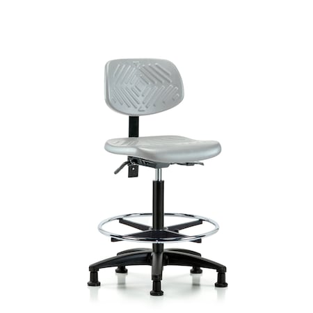 Blue Ridge Ergonomics Polyurethane Chair-High Bench Height with Chrome Foot Ring & Stationary Glides in Gray Polyurethane PHBCH-RG-T0-A0-CF-RG-GRY