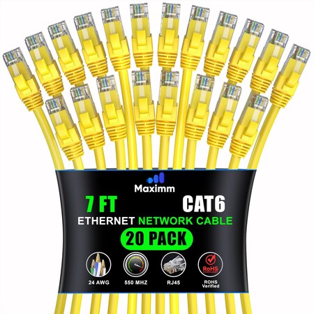 Maximm Cat6 Ethernet Cable 7ft 10Gbps 550MHz UTP, 20PK, Yellow, 20PK CAT6CCA-7YL-20PK