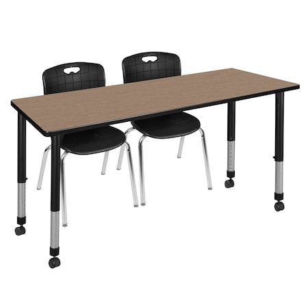 Regency Kee Mobile Adjustable Classroom Table W/ 2 Andy Stack Chairs, 72 in W, 24 in L, Noble Oak MT7224NOAPCBK40BK