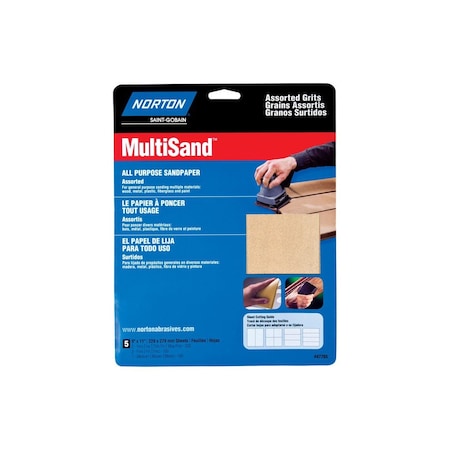 Norton MultiSand 076607 Sanding Sheet, 11 in L, 9 in W, Aluminum Oxide Abrasive, Paper Backing, 5PK 07660747765