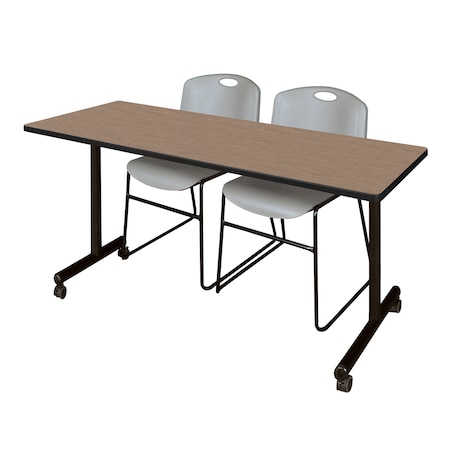Regency Kobe Mobile T-Base Training Table W/ 2 Zeng Stack Chairs, 72 in W, 24 in L, Noble Oak MKTRCC7224NO44GY
