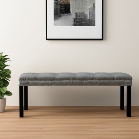 Homeroots 48" Gray and Black Tufted Velvet Upholstered Bench 569208