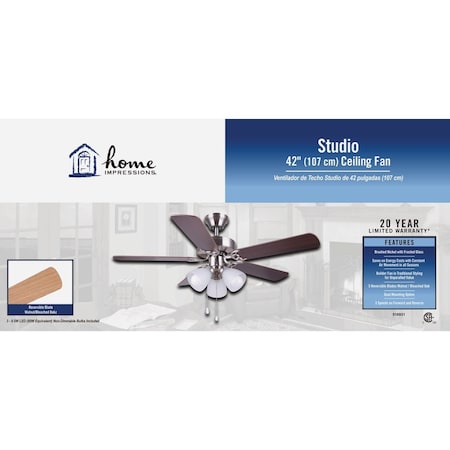 Home Impressions Studio 42'' Brushed Nickel Ceiling Fan with Light Kit CF42STU5BN-B