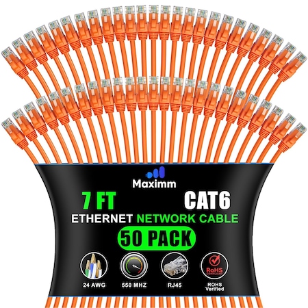 Maximm Cat6 Ethernet Cable 7ft 10Gbps 550MHz UTP, 50PK, Orange, 50PK CAT6CCA-7OR-50PK