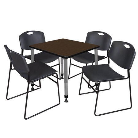 Regency Square Kee Adjustable Classroom Table W/ 4 Zeng Stack Chairs, 30 in W, 30 in L, Neo Walnut TB3030NWAPGY44BK