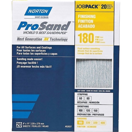 Norton Co ProSand 07660768168 Sanding Sheet, 11 in L, 9 in W, Fine, 180 Grit, Aluminum Oxide Abrasive 2637