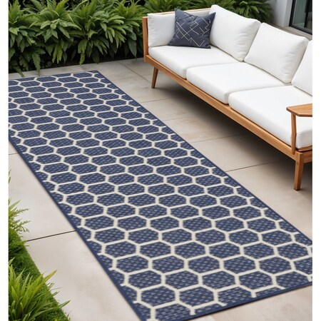 Homeroots 12' Navy Blue And Ivory Geometric Indoor Outdoor Runner Rug 564122