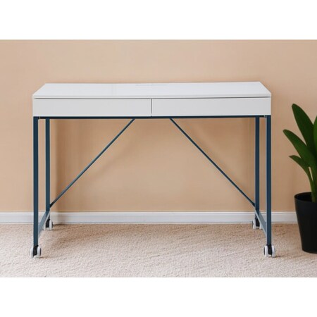 Homeroots 43" White and Navy Blue Writing Desk With Two Drawers 543791