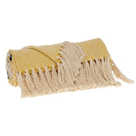 Homeroots 50" X 60" Yellow and Ivory Woven Cotton Striped Throw Blanket with Tassels 478663
