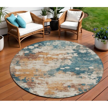 Homeroots 8' Teal Blue And Copper Round Abstract Washable Indoor Outdoor Area Rug 631977