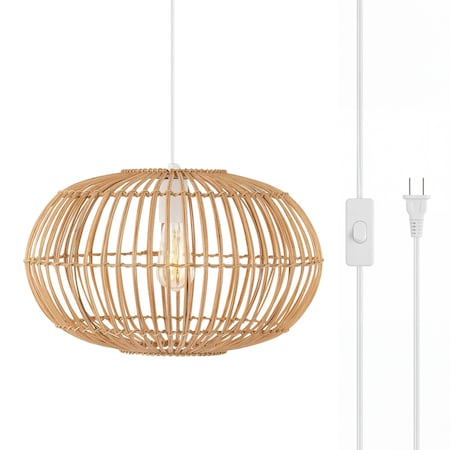 Jonathan Y Leo 17.5" 1-Light Farmhouse Coastal Rattan 180" Cord Plug-In or Hardwired LED Pendant, Brown JYL1402A