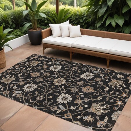 Homeroots 10' X 14' Black Brown And Ivory Floral Washable Indoor Outdoor Area Rug 604748