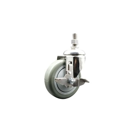 Service Caster 4 Inch 316SS Gray Polyurethane Swivel 3/8 Inch Threaded Stem Caster with Brake SCC-SS316TS20S414-PPUB-TLB-381615