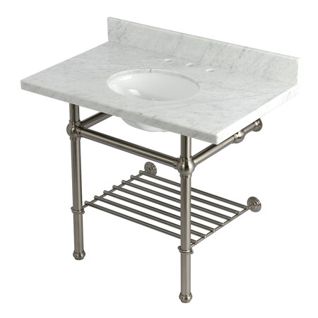 Kingston Brass 36-Inch Carrara Marble Console Sink with Brass Legs and Shelf, 8-Inch, 3-Hole KVPB3630MBB8
