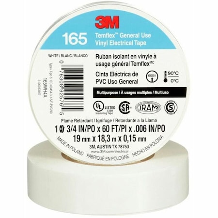 3M Vinyl Electrical Tape, 165, Temflex, 3/4 in W x 60 ft L, 6 mil thick, White 165WH4A