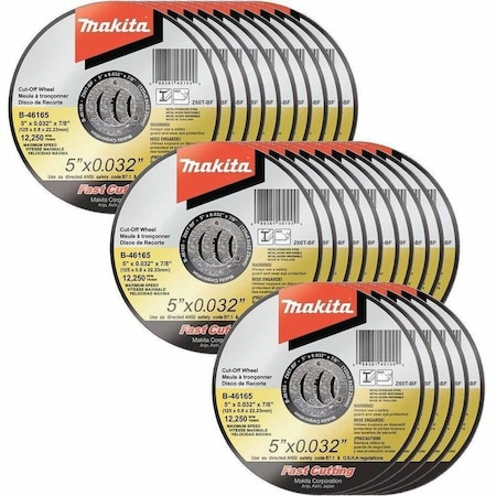 Makita Cut Off Wheel, Type 1, 5 in Dia, .032 in Thick, 7/8 in Arbor Hole Size, Zirconia Aluminum, 60 Grit B-46165-25