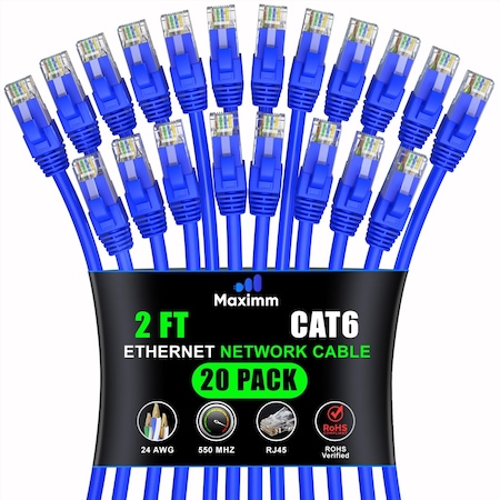 Maximm Cat6 Ethernet Cable 2ft 10Gbps 550MHz UTP, 20PK, Blue, 20PK BL20PK04