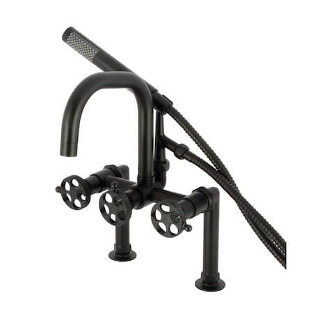 Kingston Brass 7" Center Deck-Mount Clawfoot Tub Faucet with Knurled Handle and Hand Shower, Matte Black AE8400RKX