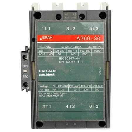 Brah Electric , Replacement 248A 600V 3P with 120VAC Closing Coil for A-Line Contactor A260-30-11 BA260-30-11