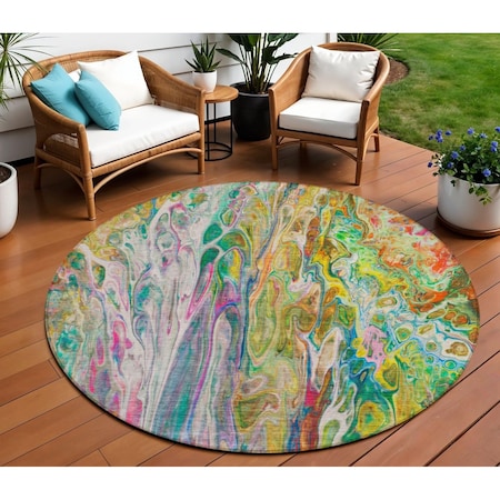 Homeroots 8' Green Gold And White Round Abstract Washable Indoor Outdoor Area Rug 577940