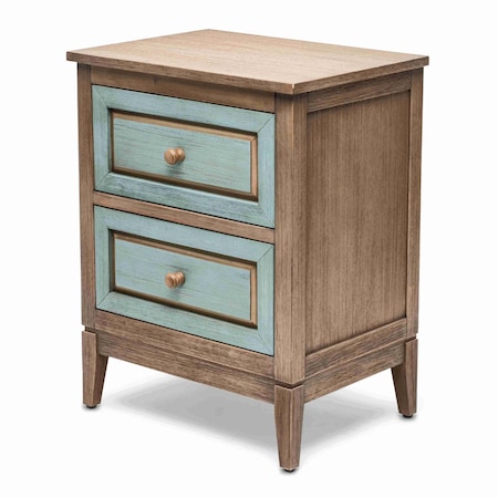 Homeroots 28" Brown And Green Solid Wood Square Distressed Carved Geometric Two Drawer Nightstand w/ USB Port 571347