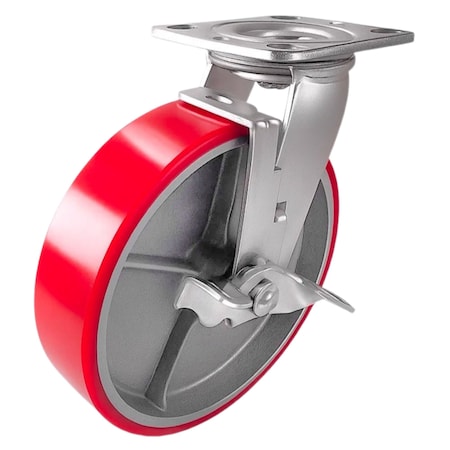 Hyw Products Heavy Duty Caster 8in Red Polyurethane on Cast Iron Wheel, Swivel with Brake 40-80S-A1-PC-TB(R)