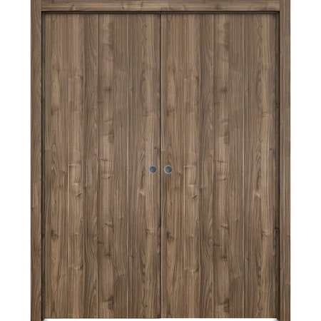 Sartodoors Modern Double Pocket Doors, Planum 0010 Walnut, Kit Trims Rail Hardware, Solid Wood Interior Bedroo PLANUM0010DP-WLN-64
