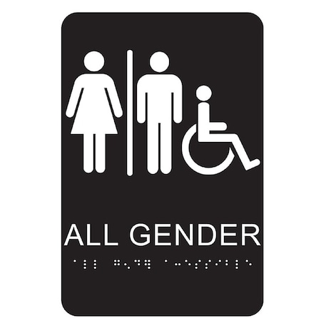 Hy-Ko BrailleTactile Sign, Rectangular, ALL GENDER, White Legend, Black Background, Plastic DB-22