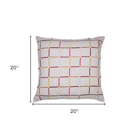 Homeroots 20" White Check Cotton Blend Throw Pillow With Embroidery 549436