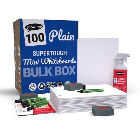 Show-Me Bulk Box of 100 x Plain/Plain SUPERTOUGH 8" x 12" Whiteboards, with Pens, Erasers, Cleaner, 100PK B/SRPX