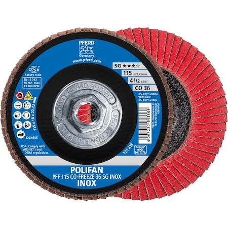 Pferd 4-1/2'' x 5/8-11 Thd. POLIFAN Flap Disc - CO-FREEZE SG INOX, Ceramic oxide, 36 Grit, Flat 61082