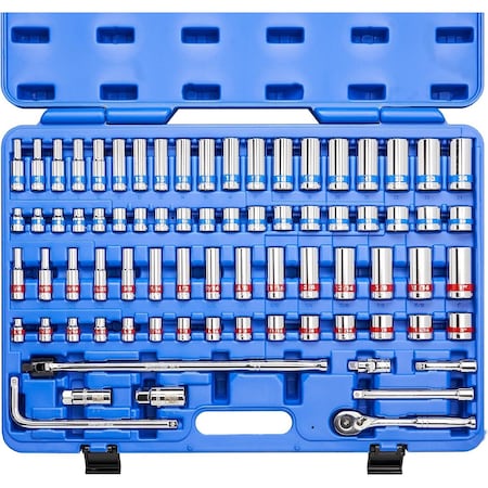 Neiko 0.375 in Drive CrV Steel Colored SAE and Metric Sockets and Ratchet Tool Set, 76-Pieces 02472A