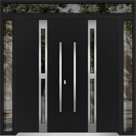 Vdomdoors Metal Double Doors Deux 1755 Black Enamel Opaque Black Glass 2 Sidelights and Top Transom Entry Mod DEUX1755DEXD-BLK-W12+72+12xH80+16-RH-O