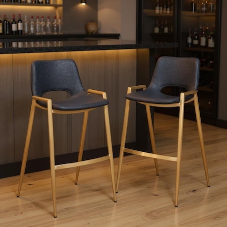 Homeroots Set of Two 30" Black and Gold Faux Leather and Steel Low Back Bar Height Bar Chairs 555663